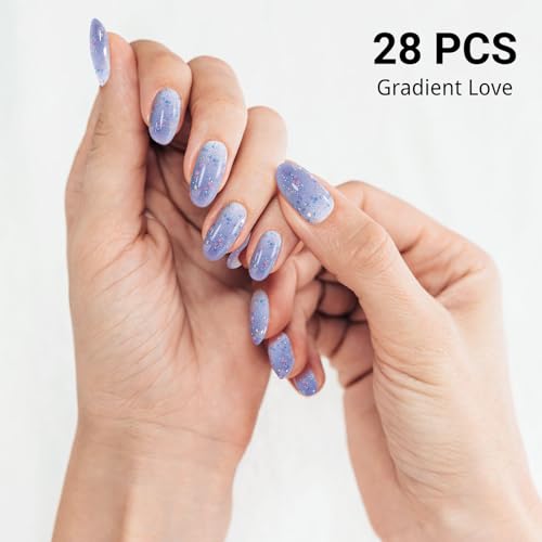 DUKASOU Semi Cured Gel Nail Strips, 28pcs Gradient Love Gel Nail Strips Work with Any UV Light, Gel Nail Stickers Full Nail Wraps for Women Girls Kids DIY Gift, Include Prep Pads, Nail File&Wood Stick
