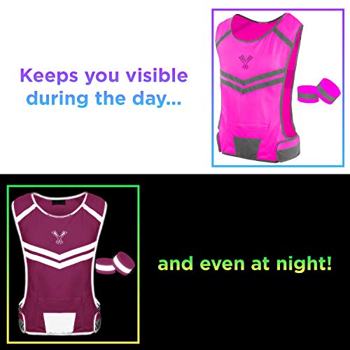 247 Viz Running Reflective Vest with Inside Pocket and 2 Bands, High Visibility Reflective Running Gear Safety Vest Straps for Men Women Kids for Night Running Walking Cycling