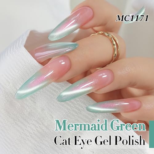 Double Rhythm 15ML Glass Cat Eye Gel Polish with Magnet Same Color Same Bottle Holographic Glitter Shimmer Salon Soak Off Magnetic Nail at Home (Mermaid Green-MC1171)