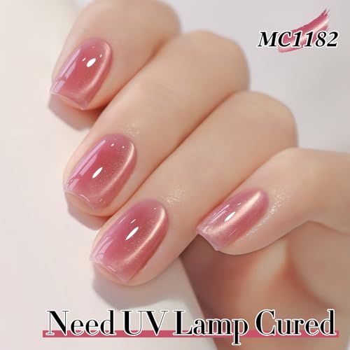 Double Rhythm 0.5 Oz Cat Eye Gel Polish with Magnet Same Color Same Bottle Holographic Glitter Shimmer Translucent Color Salon Soak Off Magnetic Nail at Home (Rose Pink-MC1182)