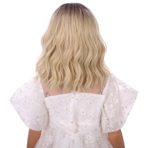 Edivd Black Ombre Blonde Wig for Child Short Blonde with Dark Roots Wig with Air Bangs for Girls Short Blonde Wavy Curly Wig for Kids Heat Resistant Synthetic Wig with Wig Cap