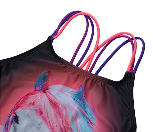 DUSISHIDAN Girls Cross Back Splice 1 Piece Swimsuit,Colorful Horse, Size 7 8