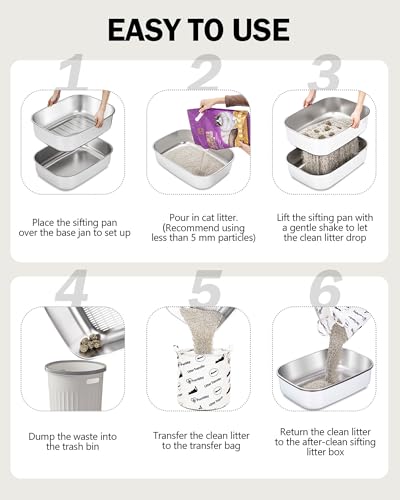 DOWANQO Stainless Steel Sifting Litter Box with Lid, Metal Litter Pan Tray with Scoop for Big Cats & Multi Cat, Extra Large Cats Litterbox Odor Control, Easy Clean (with Enclosure & Step, X-Large)