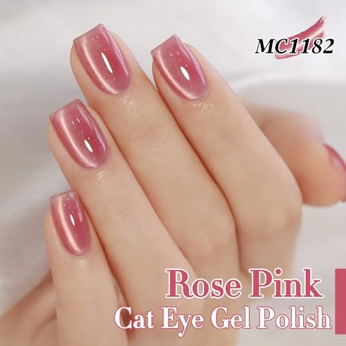 Double Rhythm 0.5 Oz Cat Eye Gel Polish with Magnet Same Color Same Bottle Holographic Glitter Shimmer Translucent Color Salon Soak Off Magnetic Nail at Home (Rose Pink-MC1182)