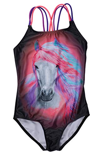 DUSISHIDAN Girls Cross Back Splice 1 Piece Swimsuit,Colorful Horse, Size 7 8