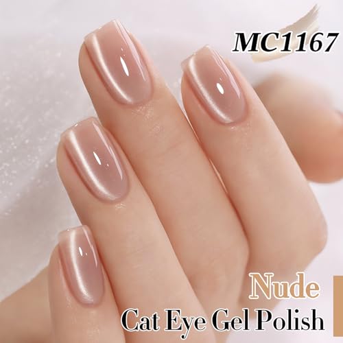 Double Rhythm 15ML Glass Cat Eye Gel Polish with Magnet Same Color Same Bottle Holographic Glitter Shimmer Salon Soak Off Magnetic Nail at Home (Nude-MC1167)
