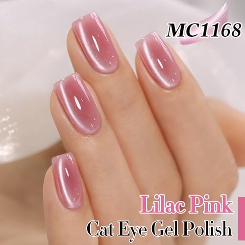 Double Rhythm 15ML Glass Cat Eye Gel Polish with Magnet Same Color Same Bottle Holographic Glitter Shimmer Salon Soak Off Magnetic Nail at Home (Lilac Pink-MC1168)