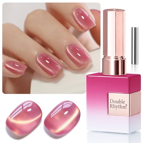 Double Rhythm 0.5 Oz Cat Eye Gel Polish with Magnet Same Color Same Bottle Holographic Glitter Shimmer Translucent Color Salon Soak Off Magnetic Nail at Home (Rose Pink-MC1182)