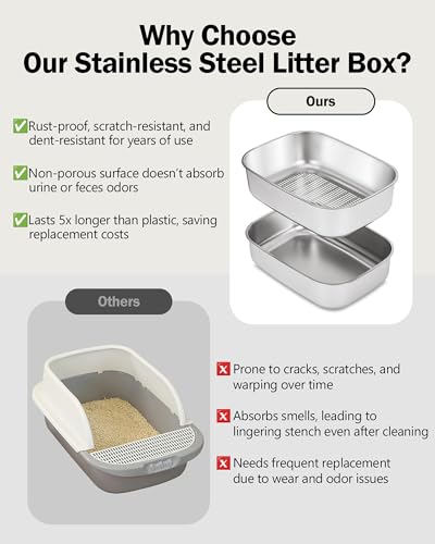 DOWANQO Stainless Steel Sifting Litter Box with Lid, Metal Litter Pan Tray with Scoop for Big Cats & Multi Cat, Extra Large Cats Litterbox Odor Control, Easy Clean (with Enclosure & Step, X-Large)