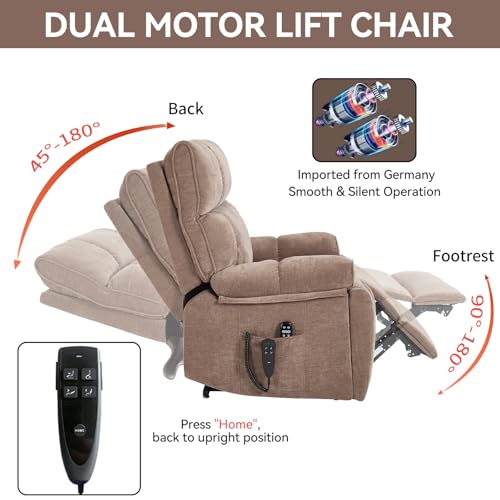 Dual Motor Power Lift Recliner Chair with Heat Massage 2 Cup Holder for Elderly Adults, Remote Control Infinite Position Electric Extra Wide Recliner Chair with Side Pocket USB for Living Room (Brown)
