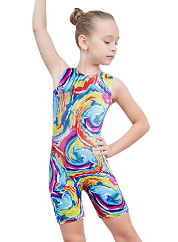 EQSJIU Gymnastics Leotards for Girls with Shorts Yellow Swirl Toddlers Biketards Rainbow Unicorn Dinosaur Mermaid Leopard Donut Galaxy