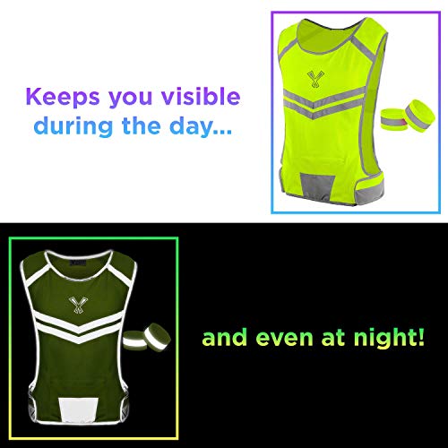 247 Viz Running Reflective Vest with Inside Pocket and 2 Bands, High Visibility Reflective Running Gear Safety Vest Straps for Men Women Kids for Night Running Walking Cycling