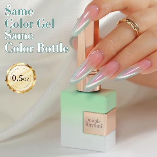 Double Rhythm 15ML Glass Cat Eye Gel Polish with Magnet Same Color Same Bottle Holographic Glitter Shimmer Salon Soak Off Magnetic Nail at Home (Mermaid Green-MC1171)