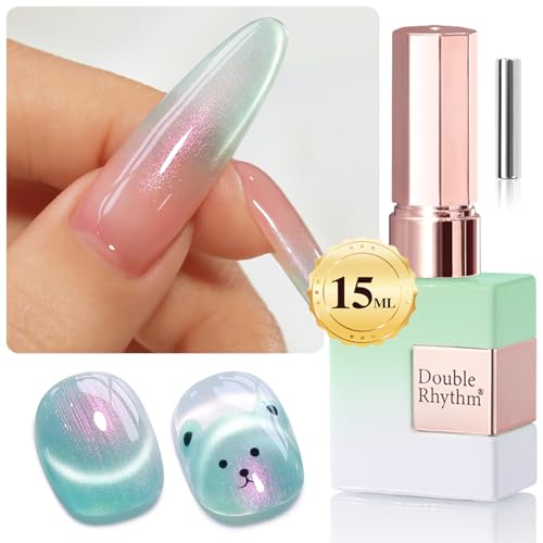 Double Rhythm 15ML Glass Cat Eye Gel Polish with Magnet Same Color Same Bottle Holographic Glitter Shimmer Salon Soak Off Magnetic Nail at Home (Mermaid Green-MC1171)