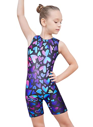 EQSJIU Gymnastics Shorts For Girls Blue Heart Shiny Kids Gymnastics Leotards For Girls 5/6 Years Little Students