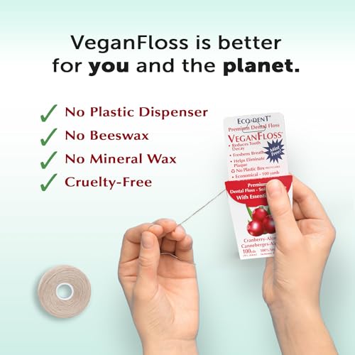Eco-Dent VeganFloss Dental Floss, Waxed, Cranberry-Aloe - Floss with Vegan Plant-Based Wax, Recyclable Cardboard Packaging, 100 Yds + DailyRinse Single-Use Pack