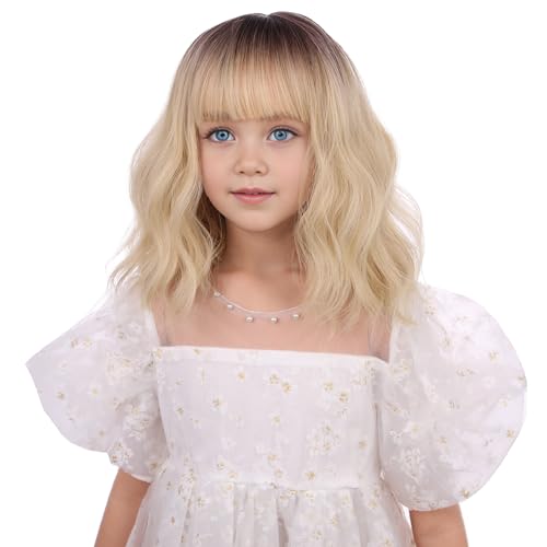 Edivd Black Ombre Blonde Wig for Child Short Blonde with Dark Roots Wig with Air Bangs for Girls Short Blonde Wavy Curly Wig for Kids Heat Resistant Synthetic Wig with Wig Cap