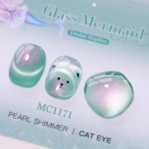 Double Rhythm 15ML Glass Cat Eye Gel Polish with Magnet Same Color Same Bottle Holographic Glitter Shimmer Salon Soak Off Magnetic Nail at Home (Mermaid Green-MC1171)
