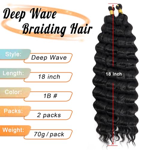 Eerya Long Curly Braiding Hair 18 Inch 4 Packs Deep Ocean Wave Crochet Hair for Black Women Deep Wave Braiding Hair for Boho Braids(18 inch, TBUG)