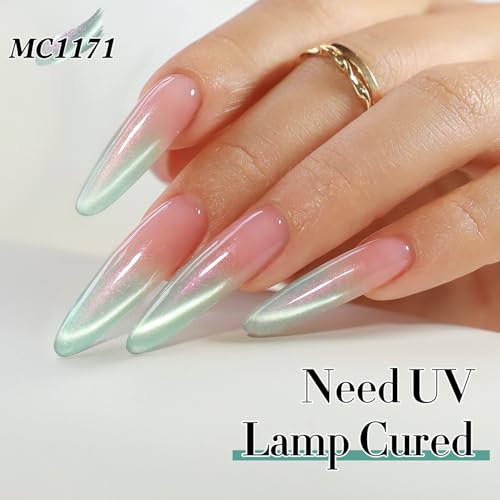 Double Rhythm 15ML Glass Cat Eye Gel Polish with Magnet Same Color Same Bottle Holographic Glitter Shimmer Salon Soak Off Magnetic Nail at Home (Mermaid Green-MC1171)