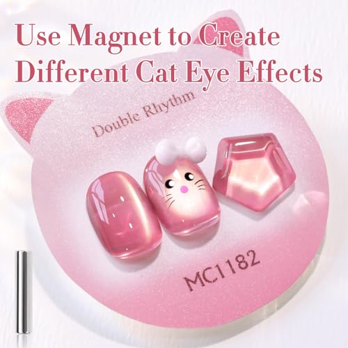 Double Rhythm 0.5 Oz Cat Eye Gel Polish with Magnet Same Color Same Bottle Holographic Glitter Shimmer Translucent Color Salon Soak Off Magnetic Nail at Home (Rose Pink-MC1182)