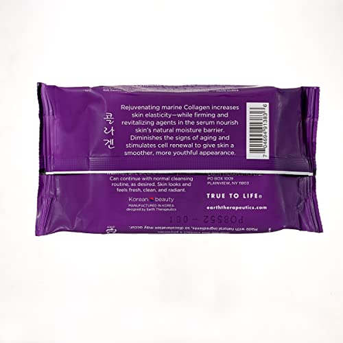 Earth Therapeutics Makeup Remover Wipes - Collagen Increases Skin Elasticity – Daily Cleansing Facial Towelettes – Remove Makeup & Waterproof Mascara – Certified Organic Botanicals – 30 wipes