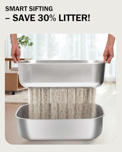 DOWANQO Stainless Steel Sifting Litter Box with Lid, Metal Litter Pan Tray with Scoop for Big Cats & Multi Cat, Extra Large Cats Litterbox Odor Control, Easy Clean (with Enclosure & Step, X-Large)