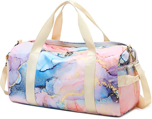 Duffle Bag for Gym Sports Women Girls Workout Travel Bag Weekender with Shoe Compartment and Wet Pocket (Marble 31 -Pink Blue)