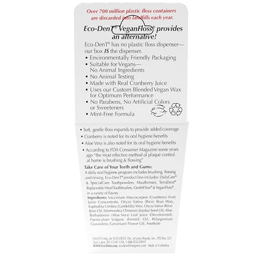 Eco-Dent VeganFloss Dental Floss, Waxed, Cranberry-Aloe - Floss with Vegan Plant-Based Wax, Recyclable Cardboard Packaging, 100 Yds + DailyRinse Single-Use Pack