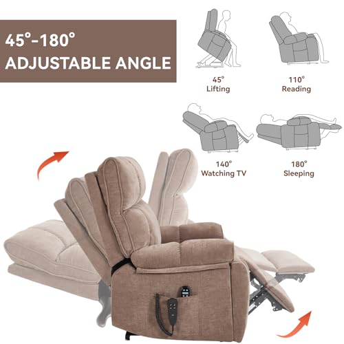 Dual Motor Power Lift Recliner Chair with Heat Massage 2 Cup Holder for Elderly Adults, Remote Control Infinite Position Electric Extra Wide Recliner Chair with Side Pocket USB for Living Room (Brown)