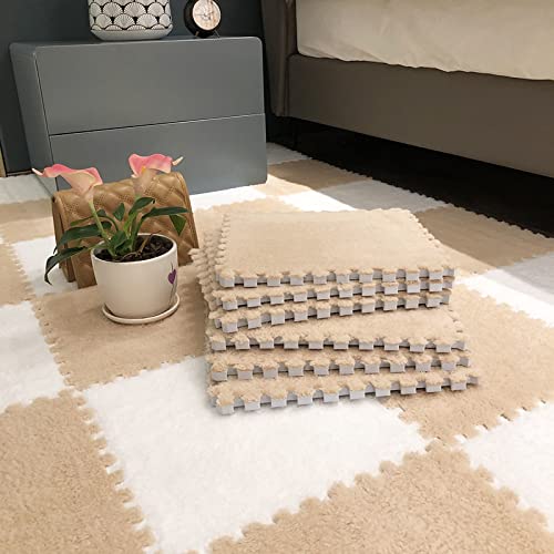 easycustomerlee 12pcs Interlocking Carpet Shaggy Soft EVA Foam Mats Fluffy Rugs Protective Floor Tiles Play Mats for Children Kids Room Home Parlor Bedroom(Khaki)