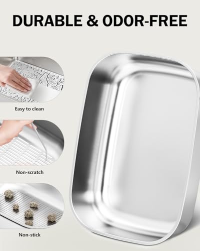 DOWANQO Stainless Steel Sifting Litter Box with Lid, Metal Litter Pan Tray with Scoop for Big Cats & Multi Cat, Extra Large Cats Litterbox Odor Control, Easy Clean (with Enclosure & Step, X-Large)