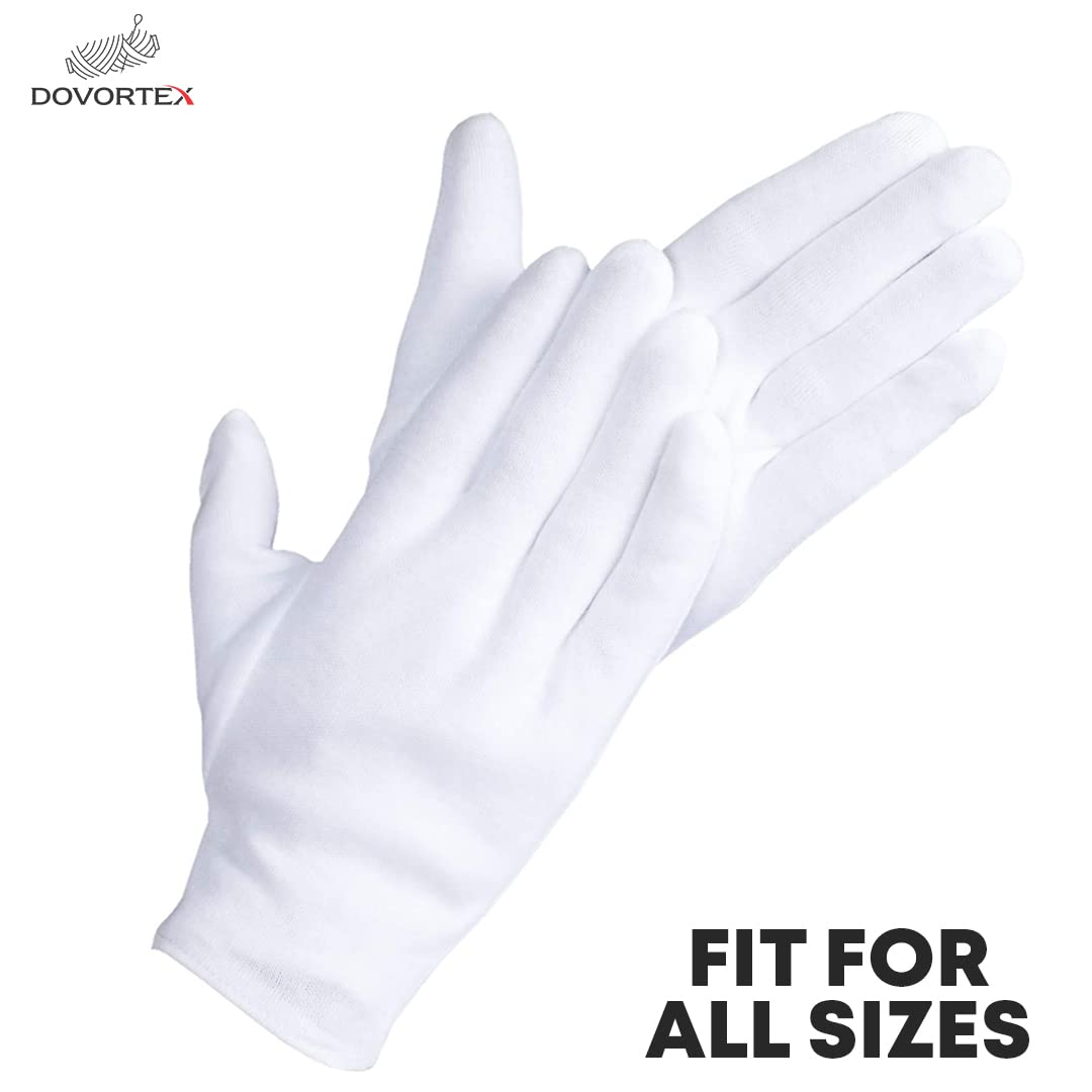 DOVORTEX 12 Pcs White Cotton Gloves| Cotton Gloves for Eczema| Cotton Gloves for Dry Hands| Moisturizing Gloves | Inspection Gloves| Coin Handling and Jewelry Inspection Gloves|
