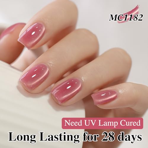 Double Rhythm 0.5 Oz Cat Eye Gel Polish with Magnet Same Color Same Bottle Holographic Glitter Shimmer Translucent Color Salon Soak Off Magnetic Nail at Home (Rose Pink-MC1182)