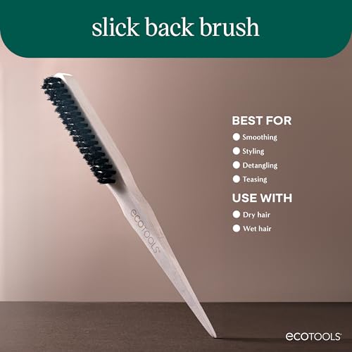 EcoTools Slick Back Hairbrush, Small Brush For The Perfect Ponytail Or Bun, Tease, Smooth, & Style Hair, Tame Frizz & Flyaways, Renewable Bamboo Handle & Vegan Boar Bristles, Cruelty-Free, 1 Count