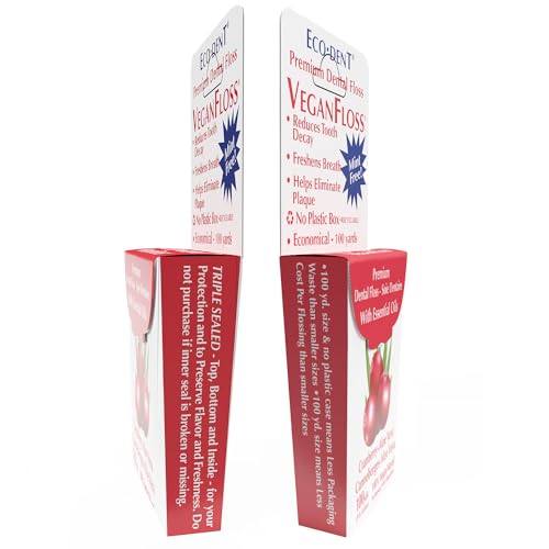 Eco-Dent VeganFloss Dental Floss, Waxed, Cranberry-Aloe - Floss with Vegan Plant-Based Wax, Recyclable Cardboard Packaging, 100 Yds + DailyRinse Single-Use Pack