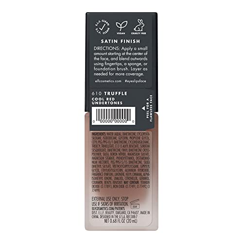 e.l.f. Flawless Satin Foundation, Lightweight & Medium Coverage, Semi-Matte Finish, Vegan & Cruelty-Free, Truffle, 0.68 Fl Oz (20mL)