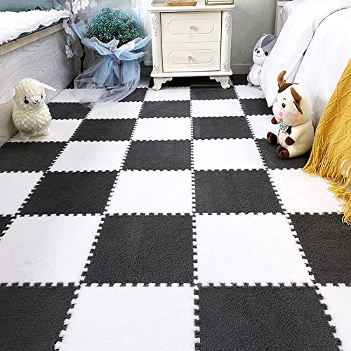 easycustomerlee 12pcs Interlocking Carpet Shaggy Soft EVA Foam Mats Fluffy Rugs Protective Floor Tiles Play Mats for Children Kids Room Home Parlor Bedroom(White)