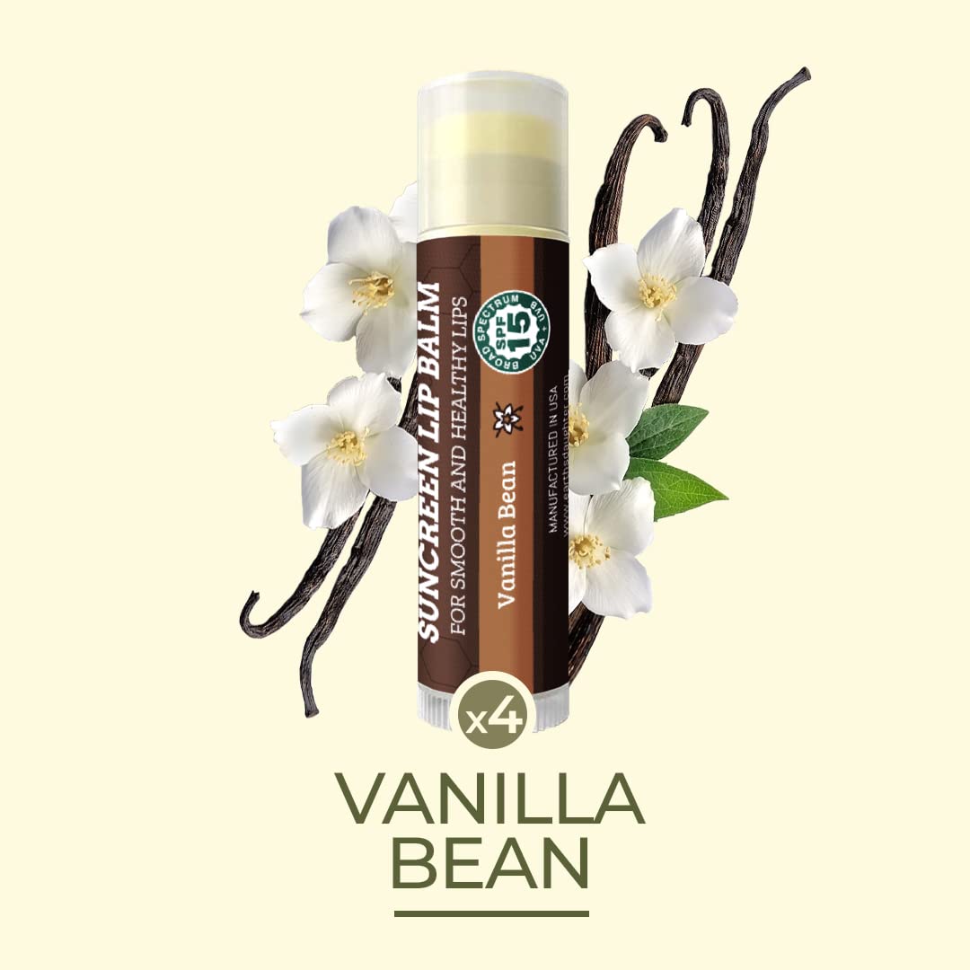 Earth's Daughter SPF Lip Balm 4-Pack - Lip Sunscreen, SPF 15, Organic Ingredients, Vanilla Flavor, Beeswax, Coconut Oil, Vitamin E - Hypoallergenic, Paraben Free, Gluten Free