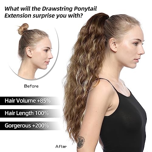 Drawstring Ponytail for Women, 26 inch Long Ponytail Extension, Soft Synthetic Pony Tails Hair Extensions, Clip in Ponytail Hair Extension for Daily Use (Dark Brown With a Slight Auburn Luster)