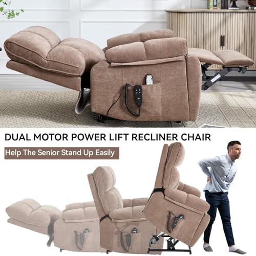 Dual Motor Power Lift Recliner Chair with Heat Massage 2 Cup Holder for Elderly Adults, Remote Control Infinite Position Electric Extra Wide Recliner Chair with Side Pocket USB for Living Room (Brown)