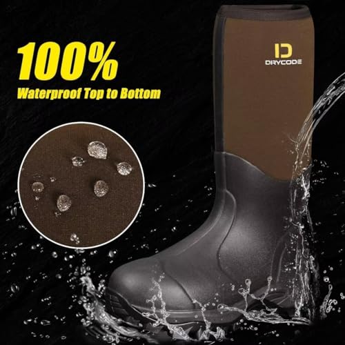 DRYCODE Rubber Boots for Men and Women, Waterproof 6mm Warm Rubber Neoprene Boots, Outdoor Rain Boot, Brown, Size 5-14
