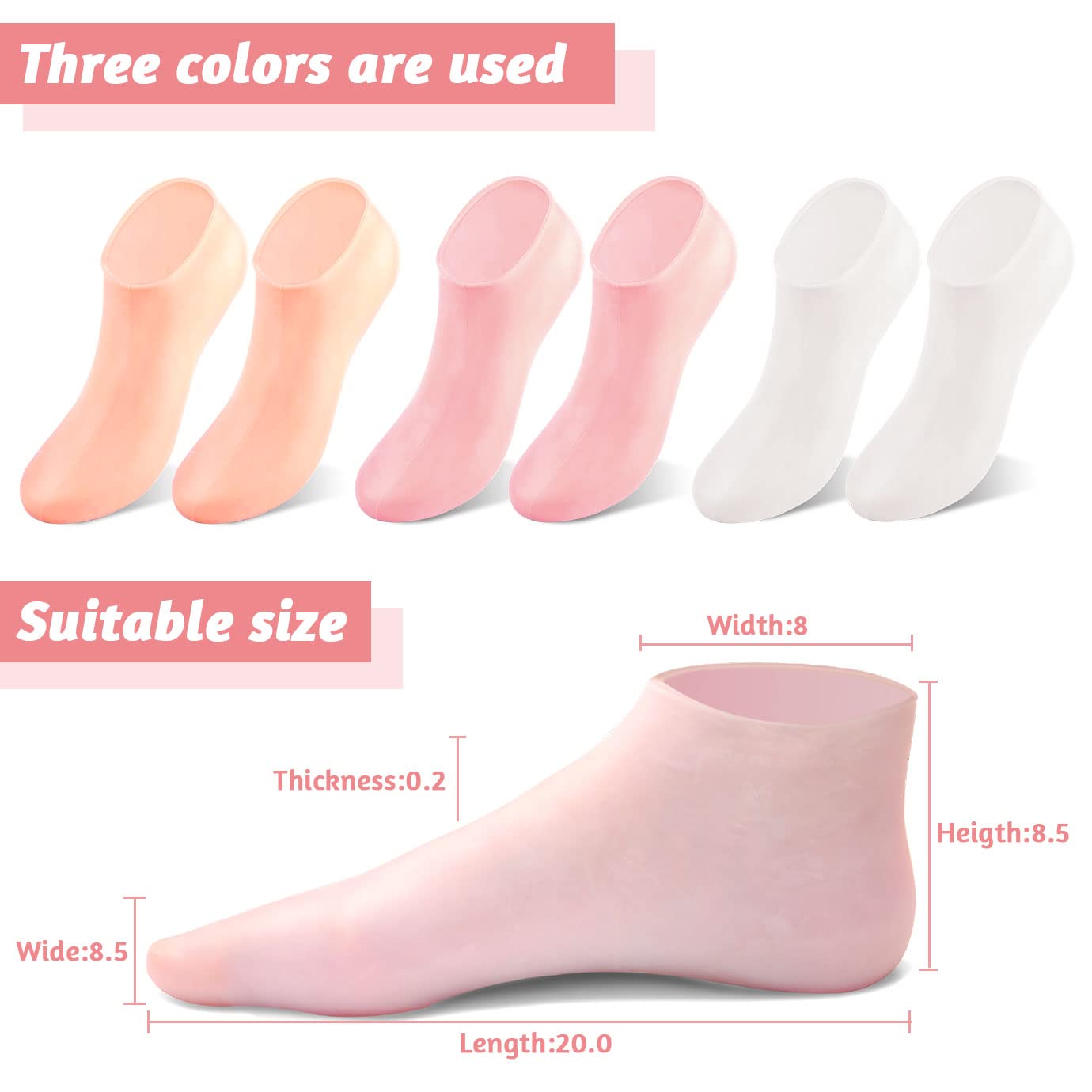 3 Pairs Silicone Socks, Silicone Moisturizing Socks Aloe Socks Silicone Gel Heel Socks for Women Men Dry Cracked Foot Skin(Medium, 3 Colors)