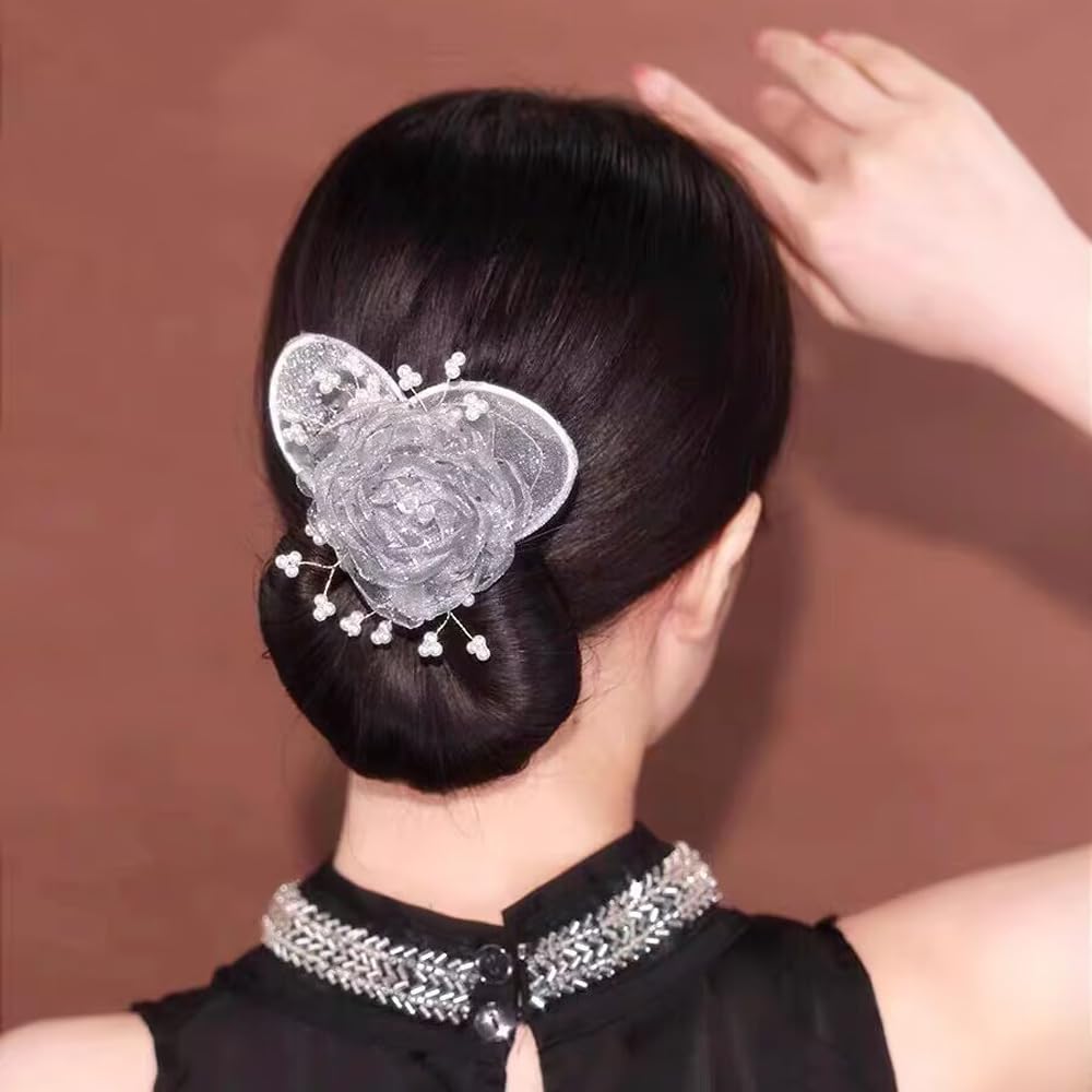 Easy Snap Roll Hair Clips, Butterfly Hair Bun Maker Set with Embroidered Flowers (6Pcs)