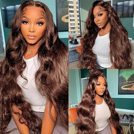 200 Density 13X6 Chocolate Brown Body Wave Lace Front Wigs Human Hair 13x6 HD Transparent Lace Front Wigs For Women Auburn Brown Colored with Baby Hair Glueless Wigs Human Hair Full And Thick 34Inch