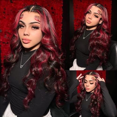 250% Density Burgundy Lace Front Wigs Human Hair Pre Plucked 13X6 Rose Red Highlight Human Hair Lace Front Wigs for Women HD Transparent Lace Frontal Wig Brazilain Virgin Hair Glueless Body Wave Wig