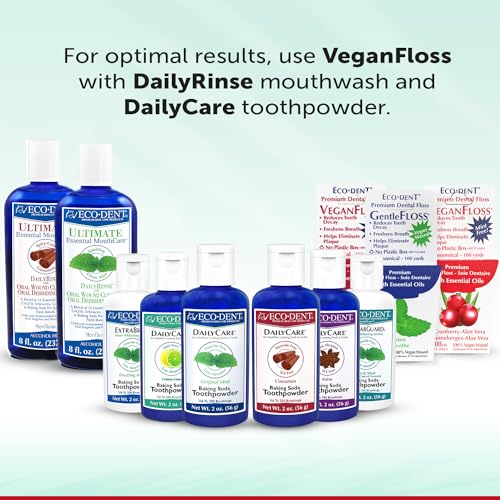 Eco-Dent VeganFloss Dental Floss, Waxed, Cranberry-Aloe - Floss with Vegan Plant-Based Wax, Recyclable Cardboard Packaging, 100 Yds + DailyRinse Single-Use Pack