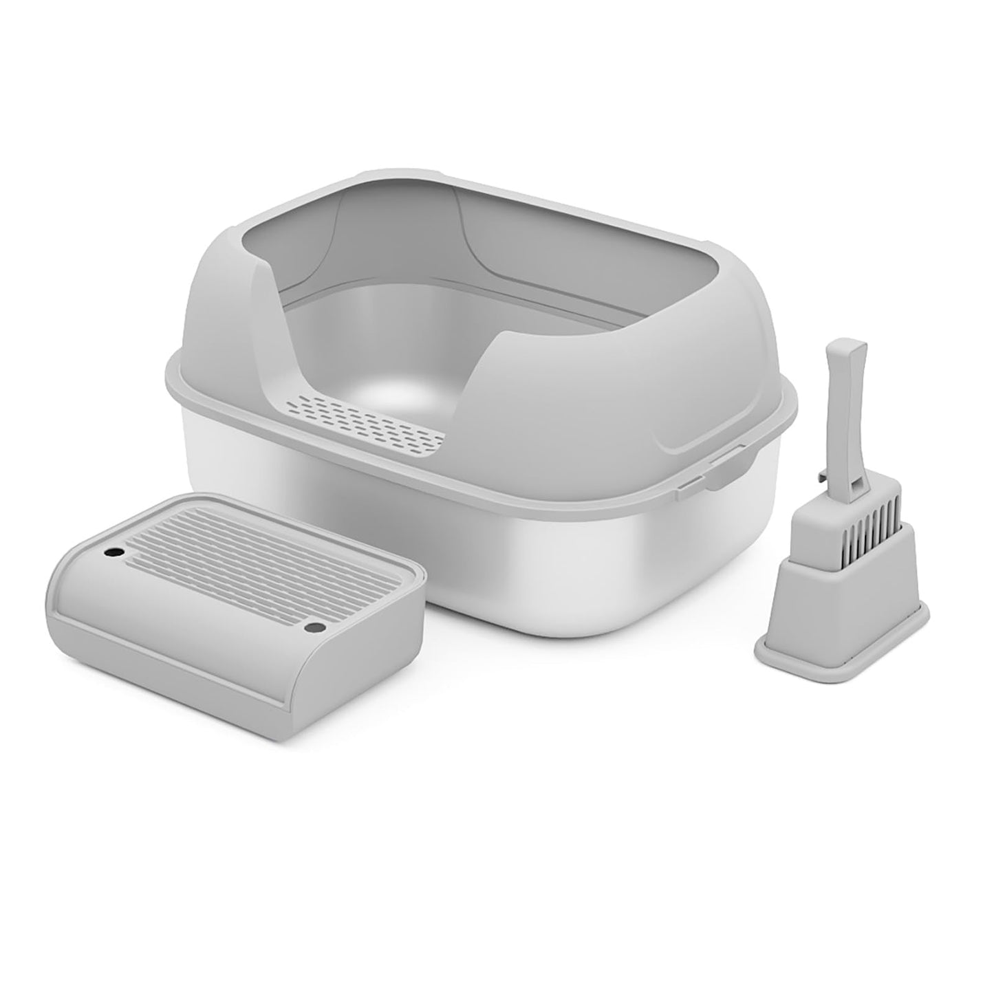 DOWANQO Stainless Steel Sifting Litter Box with Lid, Metal Litter Pan Tray with Scoop for Big Cats & Multi Cat, Extra Large Cats Litterbox Odor Control, Easy Clean (with Enclosure & Step, X-Large)