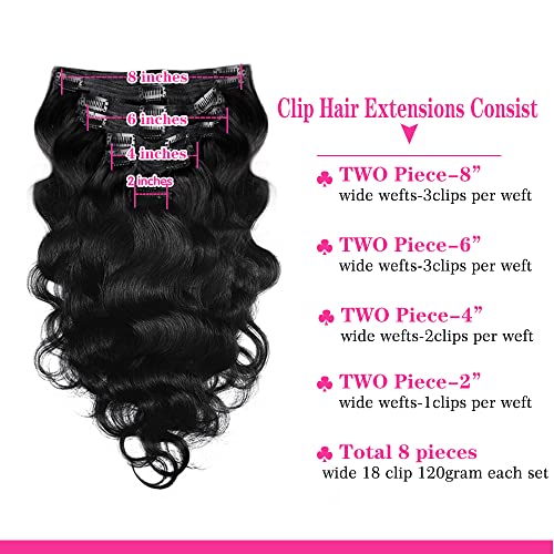 28Inch Clip in Hair Extensions Real Human Hair Body Wave 8Pcs Brazilian Human Hair Clip in Extensions with 18Clips Double Lace Weft 120g #1B Natural Black