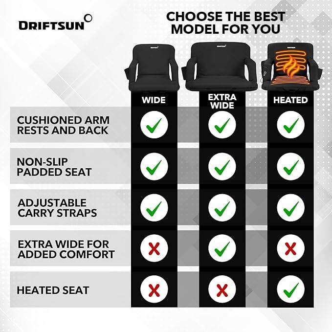 Driftsun Extra Wide Stadium Seats with Back Support - Deluxe Foldable Stadium Chairs for Bleachers - Folding Waterproof Sport Chair - Easy to Transport